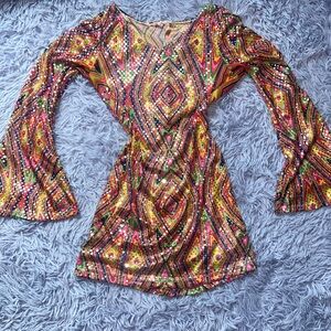 Vibrant Gem-Print Bell Sleeve Mini Dress - Multicolor